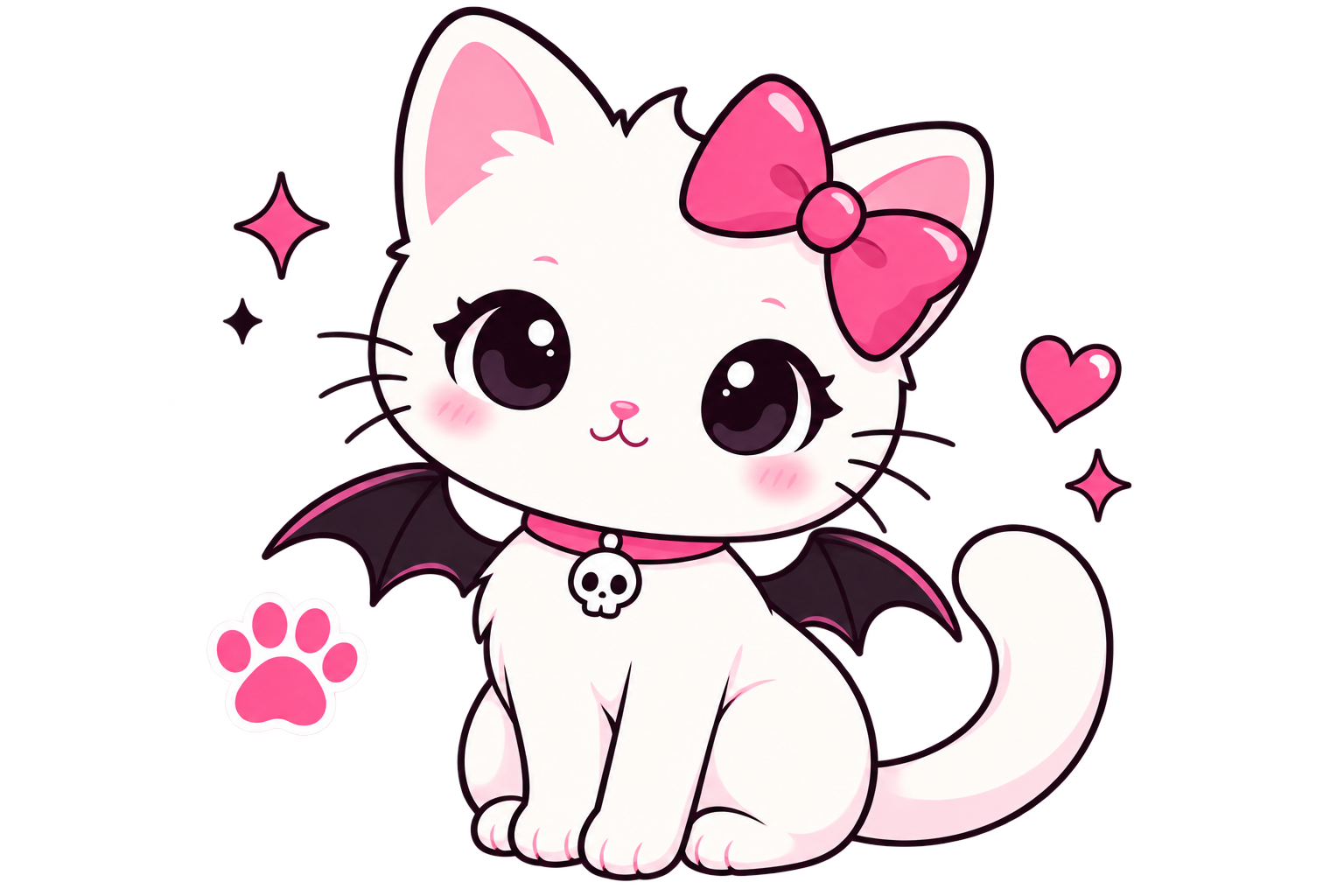 Cute white cat with pink bow and small bat wings
